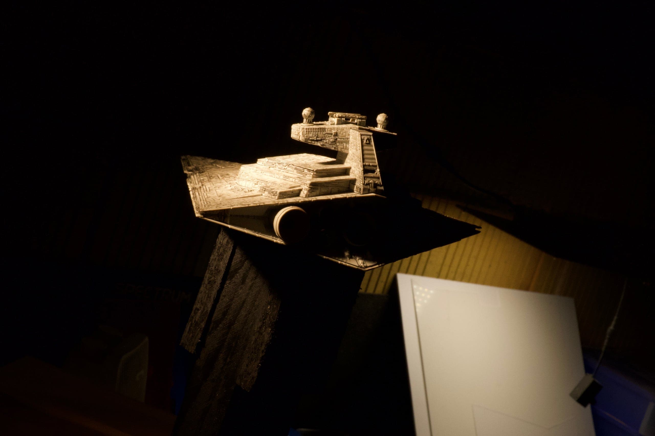 Bridge tower of the miniature seen from above during set work